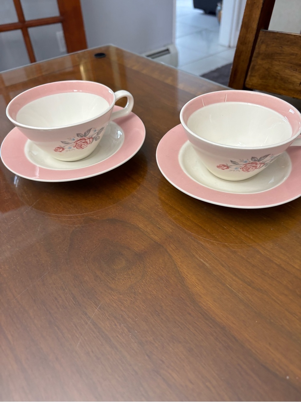 Vintage Pink Floral Porcelain Tea Cup and Saucer Set of 6. Elegant Home Dining
